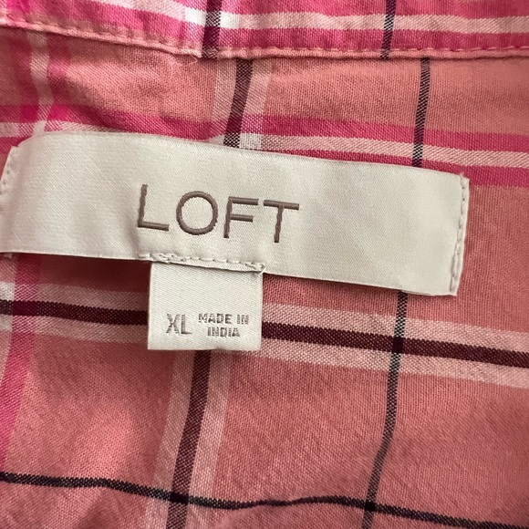 Loft Rose Pink Plaid Ruffle Neck Button Down Long Sleeve Shirt - Picture 13 of 15